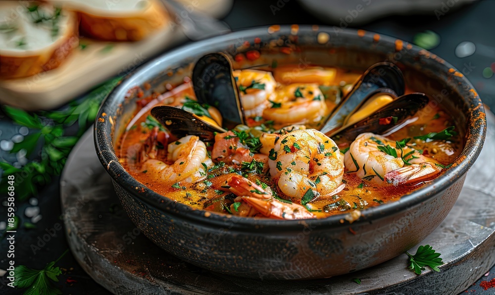 Seafood stew with mussels and shrimp in a rustic pot Seafood stew with mussels and shrimp in a rustic pot