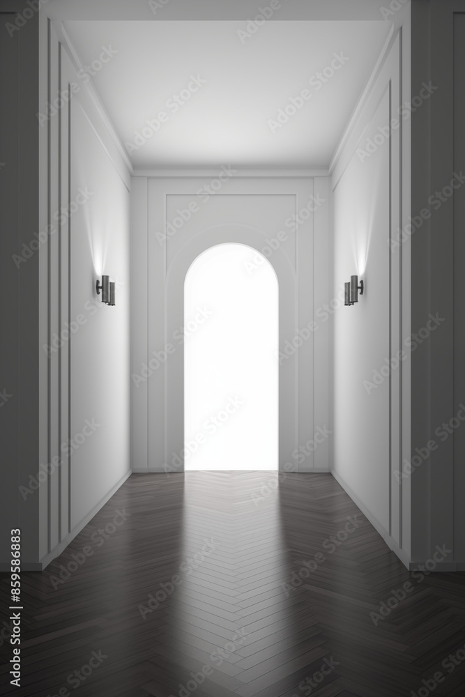 Empty room with white door and wooden floor. 3D Rendering Empty room with white door and wooden floor. 3D Rendering