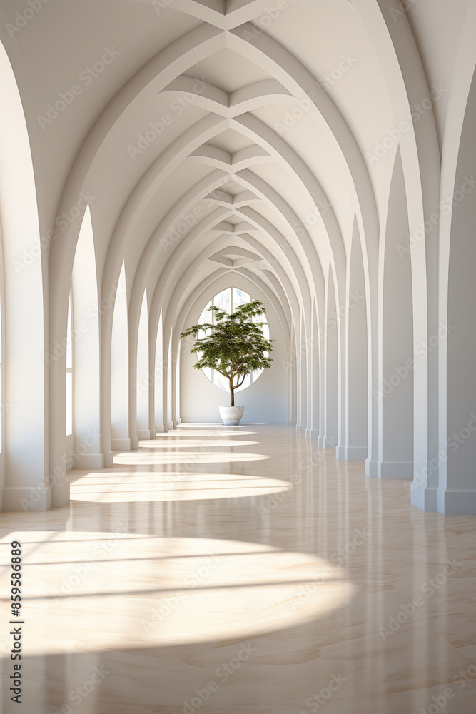 White arches with a tree in a vase. 3d rendering White arches with a tree in a vase. 3d rendering