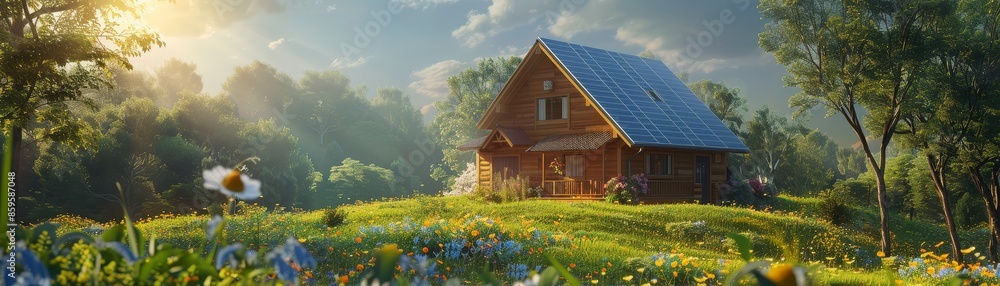 A charming wooden cabin with solar panels sits on a grassy knoll surrounded by a vibrant forest and wildflowers bathed in warm sunlight. A charming wooden cabin with solar panels sits on a grassy knoll surrounded by a vibrant forest and wildflowers bathed in warm sunlight.