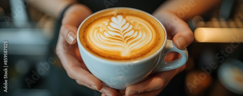 An image of hands holding a cup with a beautifully crafted latte adorned with foam art, epitomizing the barista's fine artistry and love for coffee in a welcoming setting. photo