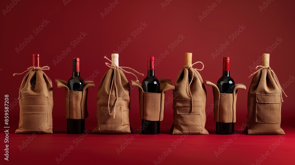 An array of recycled wine bottle bags made from reclaimed cork and canvas materials, displayed on a solid wine red surface, encouraging sustainable gifting and packaging solutions.