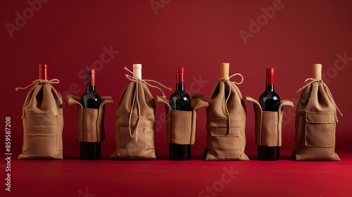 Obraz na płótnie An array of recycled wine bottle bags made from reclaimed cork and canvas materials, displayed on a solid wine red surface, encouraging sustainable gifting and packaging solutions. w salonie