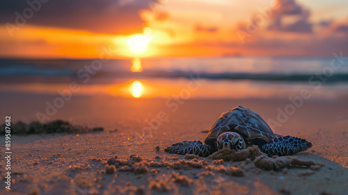 turtle hatching from an egg on a sandy beach, with a sunset in the background, photo