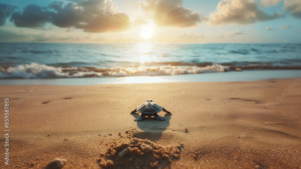 Obraz premium turtle making its way across a sandy beach towards the ocean,