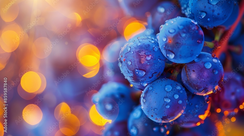 Blue grapes under orange lights. Food background with room for text Blue grapes under orange lights. Food background with room for text