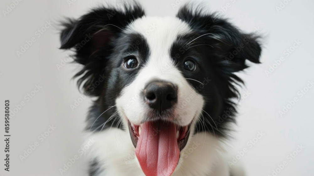 Adorable Border Collie puppy with long tongue sticking out against white studio background symbolizing love for pets and animal care Adorable Border Collie puppy with long tongue sticking out against white studio background symbolizing love for pets and animal care