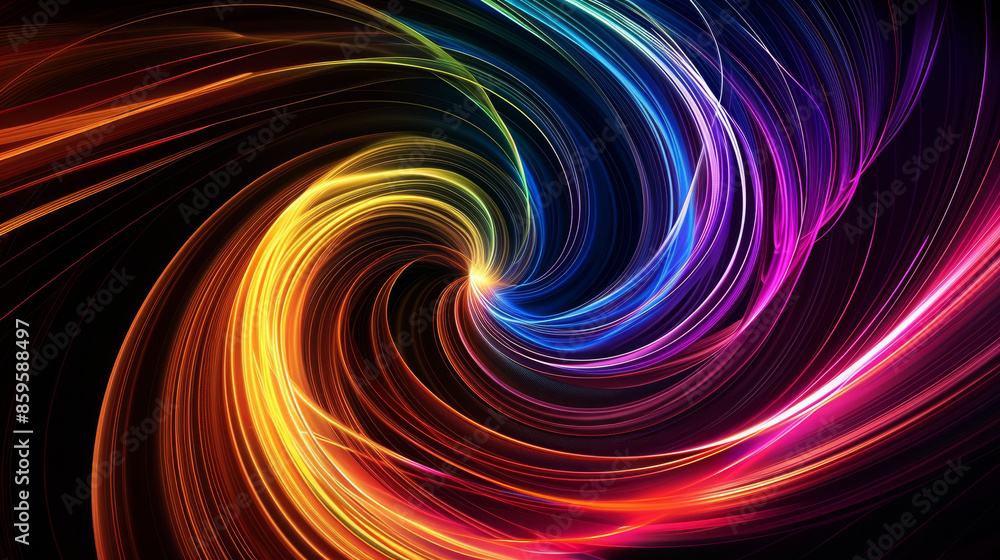 Fototapeta premium Abstract background with colorful glowing lines in the shape of spiral vortex, light effect and energy flow motion on black backdrop