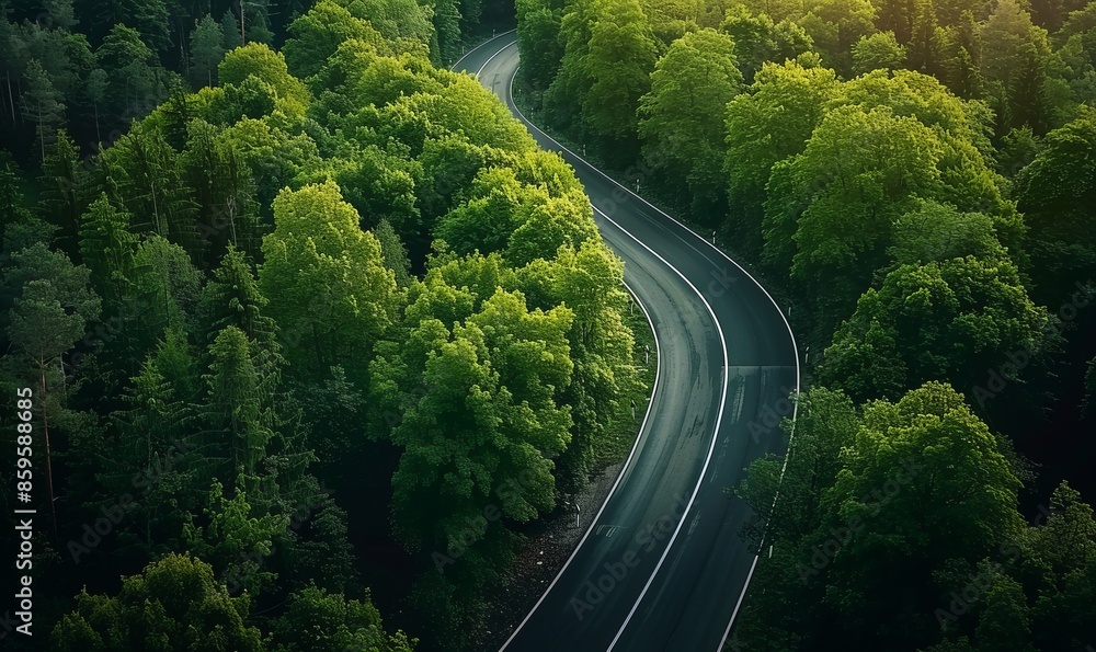 Aerial view of asphalt road winding through green springtime forest Aerial view of asphalt road winding through green springtime forest