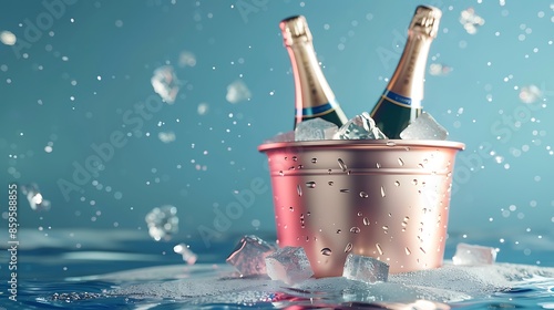 Bottles of champagne in ice bucket cooler isolated on a blue background