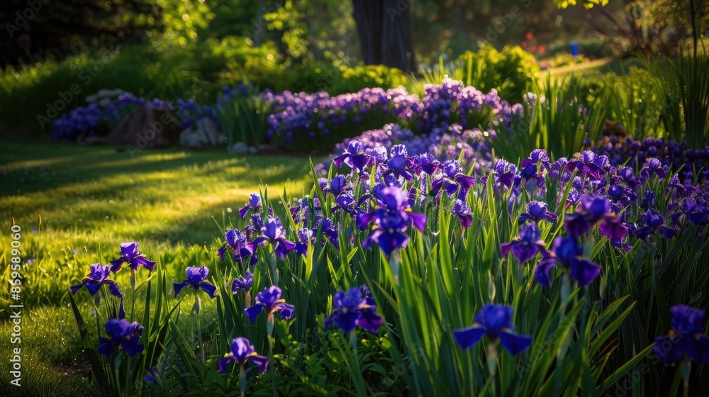 Bright purple irises under the sunlight in a garden Bright purple irises under the sunlight in a garden