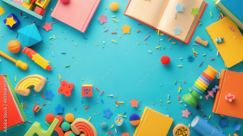 A bright and inviting scene featuring childrens books and toys on a blue background, perfect for educational centers and bookstores. Generative AI A bright and inviting scene featuring childrens books and toys on a blue background, perfect for educational centers and bookstores. Generative AI