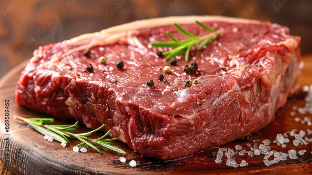 Close up of raw beef ribeye on a wooden serving board Close up of raw beef ribeye on a wooden serving board