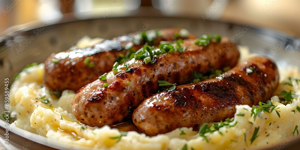 Macro Shot of Traditional British Bangers and Mash with Bokeh Background. Concept Food Photography, British Cuisine, Macro Shots, Bokeh Backgrounds Macro Shot of Traditional British Bangers and Mash with Bokeh Background. Concept Food Photography, British Cuisine, Macro Shots, Bokeh Backgrounds