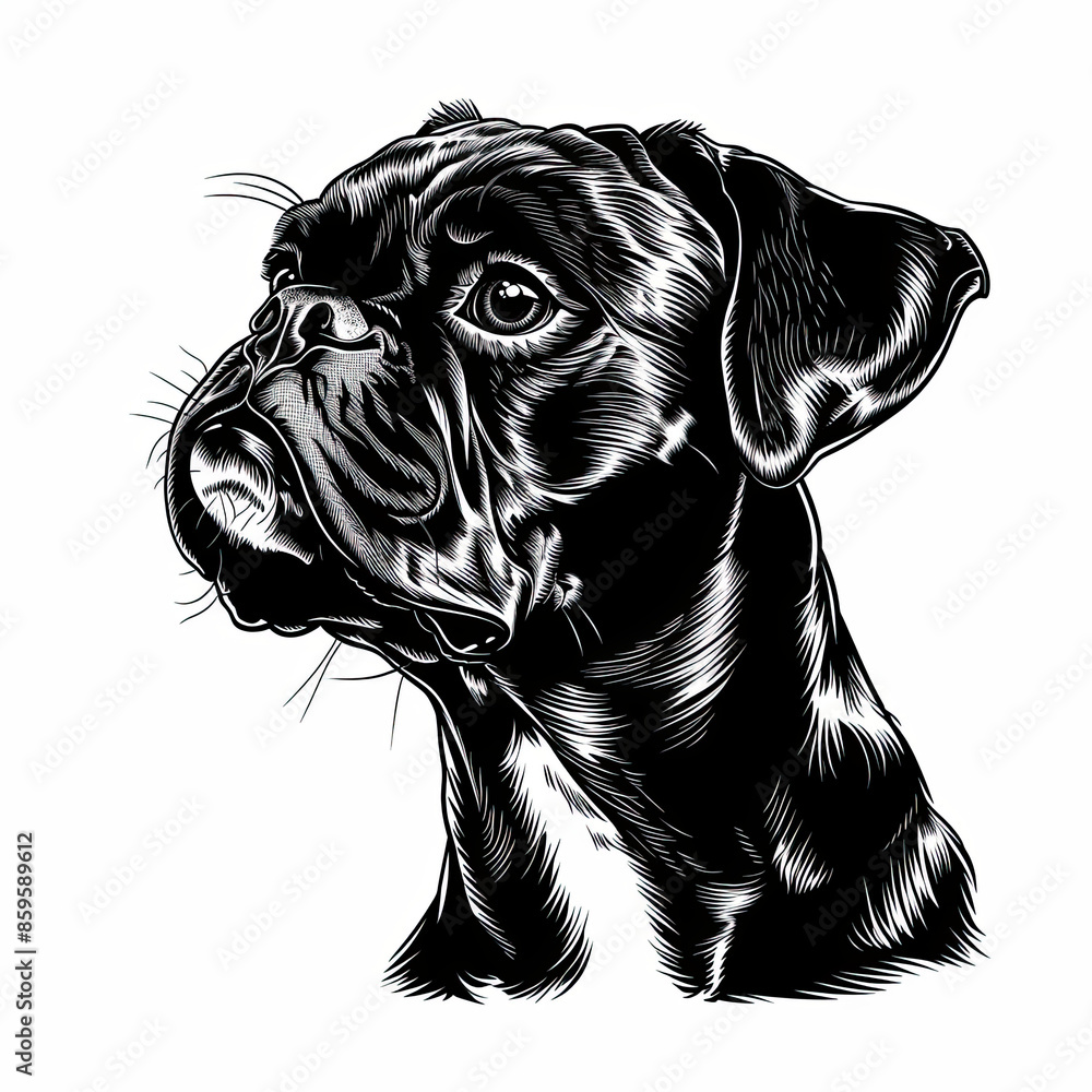 A black and white drawing of a Boxer dog A black and white drawing of a Boxer dog