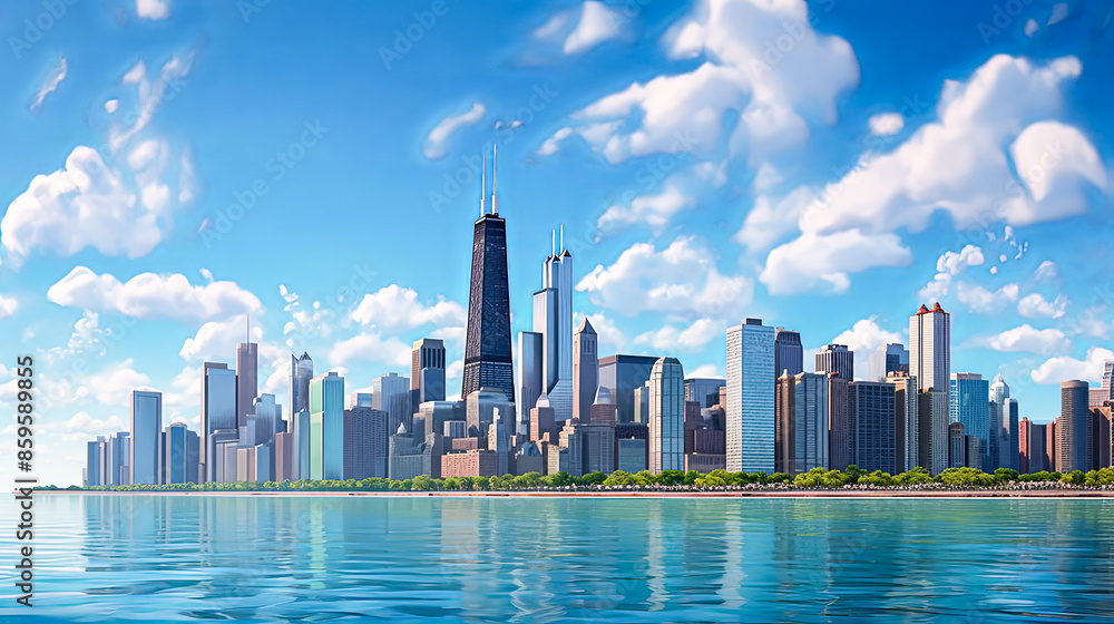 Obraz premium A city skyline with a large building in the middle.