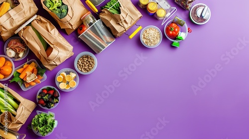 An overhead shot of recycled grocery bags filled with bulk food items and reusable containers, arranged on a solid purple surface, promoting zero-waste shopping habits.