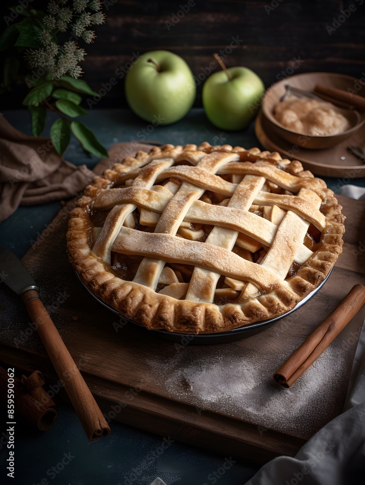 Homemade apple pie with lattice crust on a rustic table. Homemade apple pie with lattice crust on a rustic table.