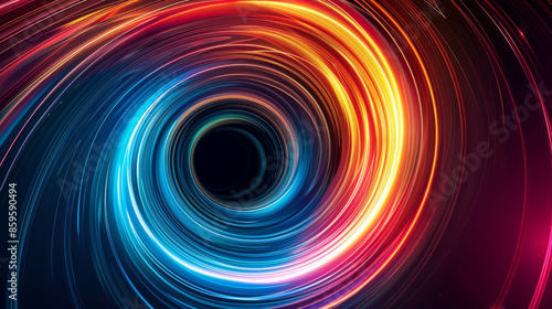 Abstract background with colorful glowing lines in spiral shape on black backdrop, vector illustration. Black hole or wormhole in space