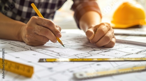 Architect Drawing a Blueprint with a Pencil