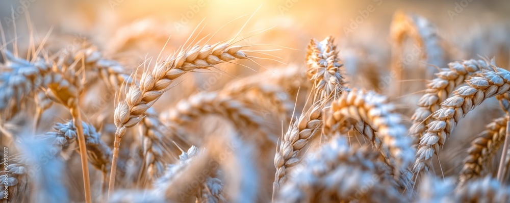 A close-up view of golden ears of wheat illuminated by soft sunlight, emphasizing the intricate details of the grains and the texture of the wheat stalks in a field. A close-up view of golden ears of wheat illuminated by soft sunlight, emphasizing the intricate details of the grains and the texture of the wheat stalks in a field.