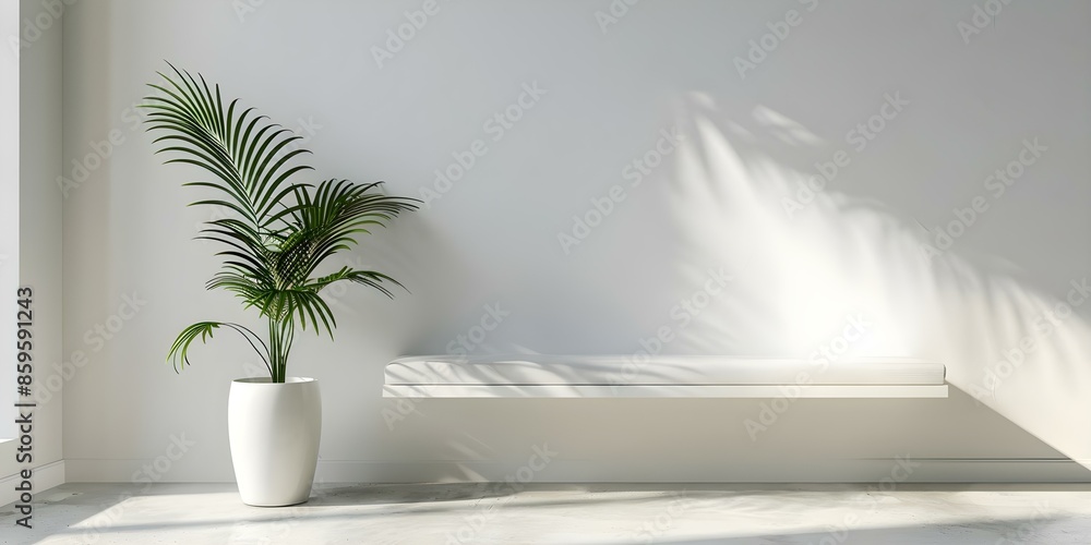 3D white bench cushion with potted plant against white wall. Concept Home Decor, Interior Design, Furniture Styling 3D white bench cushion with potted plant against white wall. Concept Home Decor, Interior Design, Furniture Styling