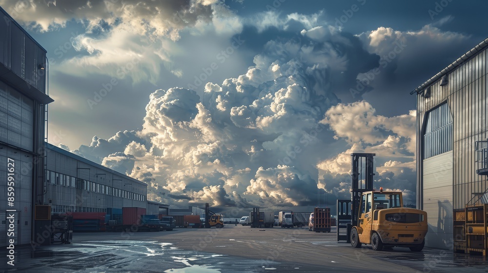 A yellow forklift sits in front of an industrial building against a dramatic sky filled with large, fluffy white clouds. A yellow forklift sits in front of an industrial building against a dramatic sky filled with large, fluffy white clouds.