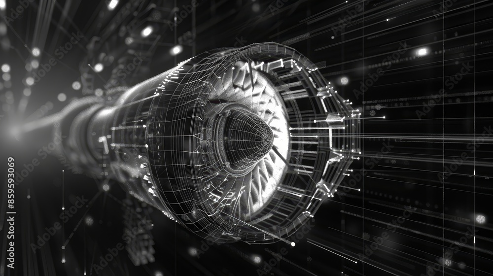 A jet engine is depicted as a digital wireframe, surrounded by abstract ...