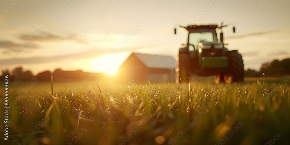 Fototapeta premium Daily farm routine at sunset tractor parked in front of barn. Concept Farm Life, Sunset Scenery, Tractor, Barnyard Beauty, Rural Settings