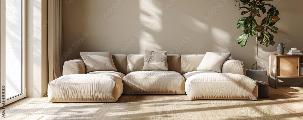 Beige sofa in the contemporary living room interior, with sunlight casting shadows through the windows. Beige sofa in the contemporary living room interior, with sunlight casting shadows through the windows.