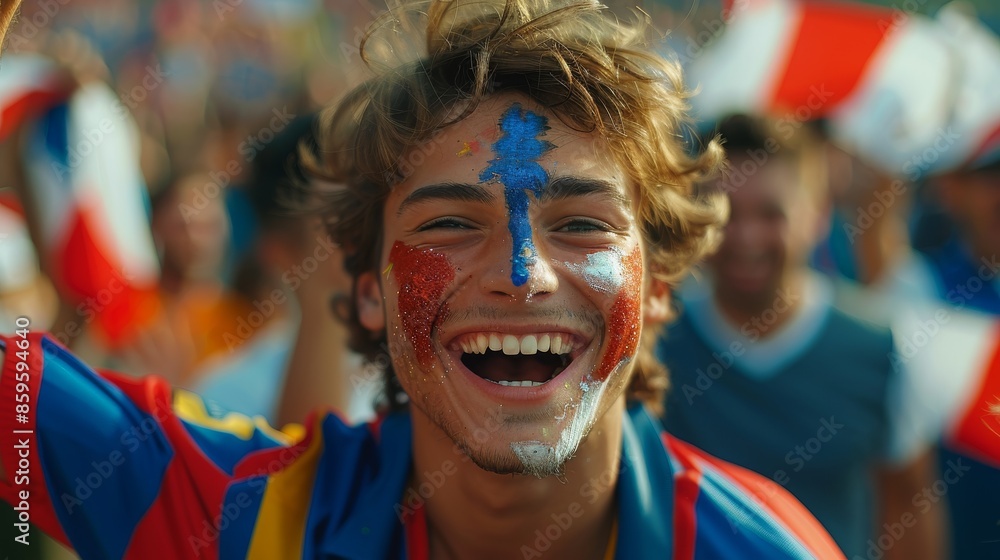 A young person enthusiastically cheers with colorful face paint at a lively event. Their beaming smile and joyous energy capture the essence of celebration and festivity. A young person enthusiastically cheers with colorful face paint at a lively event. Their beaming smile and joyous energy capture the essence of celebration and festivity.