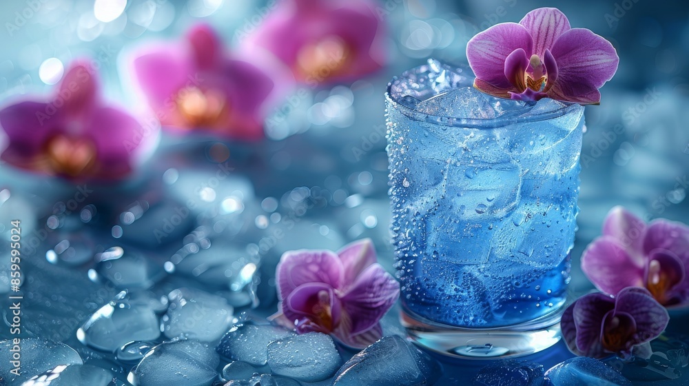 A close-up of a refreshing blue beverage filled with ice cubes, adorned with pink orchid flowers, set against a blue, watery, and sparkly background. A close-up of a refreshing blue beverage filled with ice cubes, adorned with pink orchid flowers, set against a blue, watery, and sparkly background.