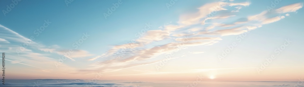 Scenic view of a serene ocean at sunrise with soft pastel colors in the sky and gentle waves capturing the calm and beauty of nature Scenic view of a serene ocean at sunrise with soft pastel colors in the sky and gentle waves capturing the calm and beauty of nature