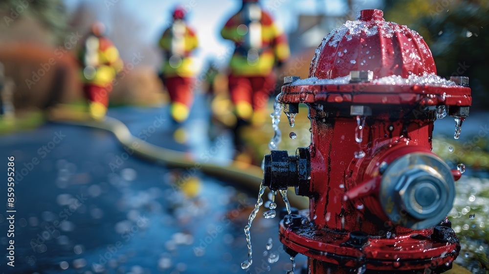 A red fire hydrant dripping water while firefighters in yellow and red uniforms walk in the background, with a hose trailing on a wet urban street. A red fire hydrant dripping water while firefighters in yellow and red uniforms walk in the background, with a hose trailing on a wet urban street.