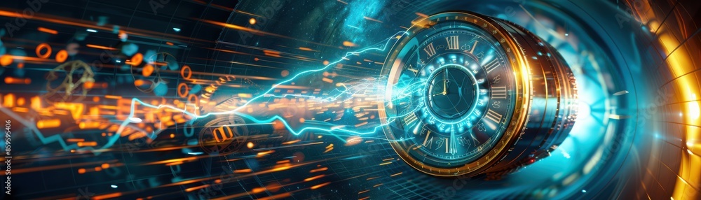Futuristic digital technology concept with vibrant electric currents and circular machinery in vivid colors, showcasing innovation and energy. Futuristic digital technology concept with vibrant electric currents and circular machinery in vivid colors, showcasing innovation and energy.