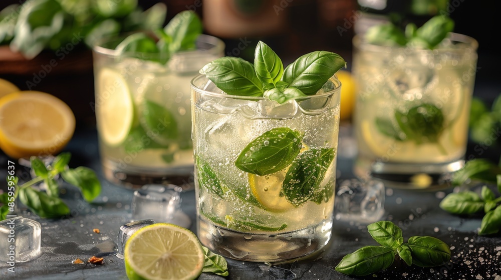 Fototapeta premium This image features three crystal glasses filled with lemon and basil cocktails, garnished with basil leaves and ice cubes. Slices of lemon and scattered basil leaves add to the refreshing feel.