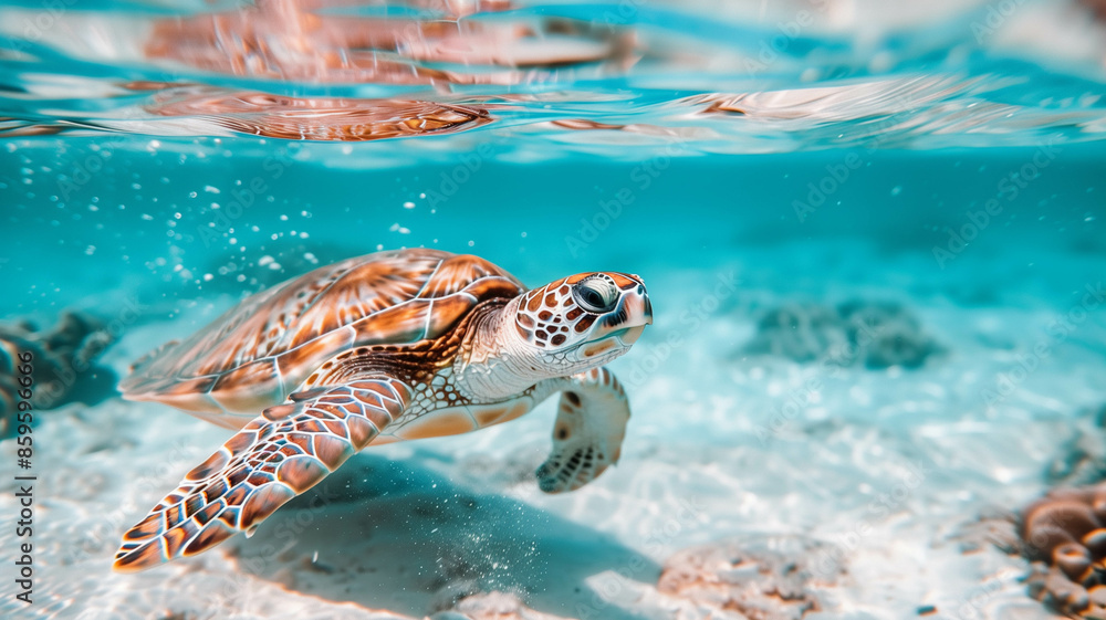 Fototapeta premium turtle swimming gracefully in clear blue ocean waters,