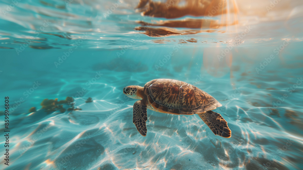 Obraz premium turtle swimming gracefully in clear blue ocean waters,