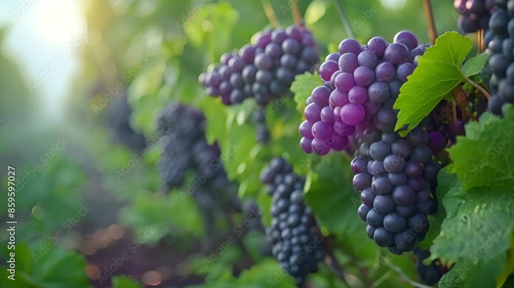 Close-up of ripe, purple grapes hanging from the vine in a sunlit vineyard. The lush green leaves and morning dew add to the fresh, vibrant atmosphere of this fruitful vineyard. Close-up of ripe, purple grapes hanging from the vine in a sunlit vineyard. The lush green leaves and morning dew add to the fresh, vibrant atmosphere of this fruitful vineyard.