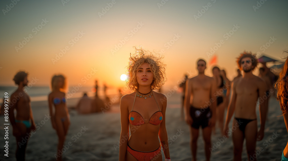Fototapeta premium A blonde woman in a swimsuit is having fun on the beach at sunset