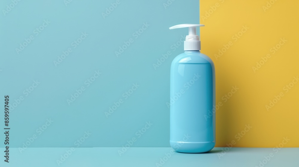 Blue Plastic Bottle with Pump Dispenser on a Blue and Yellow Background, Minimalist Product Mockup Blue Plastic Bottle with Pump Dispenser on a Blue and Yellow Background, Minimalist Product Mockup