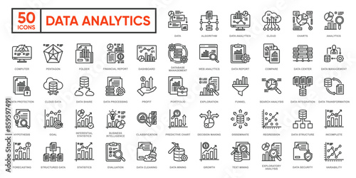 Data analytics icon set. Editable stroke illustration. Vector ui and web icon.
