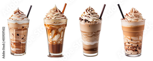 Collection set of frappuccino with straw in a glass cup isolated on transparent background