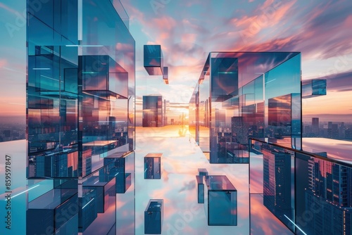 Modern cityscape with reflective skyscrapers at sunset, creating an abstract and futuristic urban skyline. Perfect for tech and architecture themes. photo