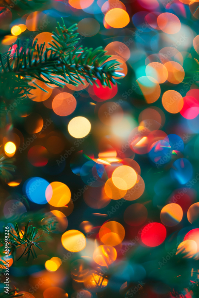 Close-Up Festive Christmas Tree Bokeh. Close-up of Christmas tree with vibrant bokeh lights. Close-Up Festive Christmas Tree Bokeh. Close-up of Christmas tree with vibrant bokeh lights.