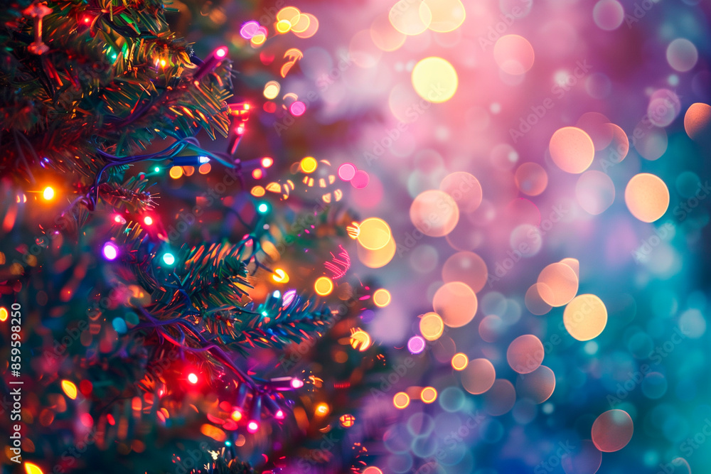 Close-up of a Christmas tree with colorful bokeh lights, suitable for festive season design. Close-up of a Christmas tree with colorful bokeh lights, suitable for festive season design.