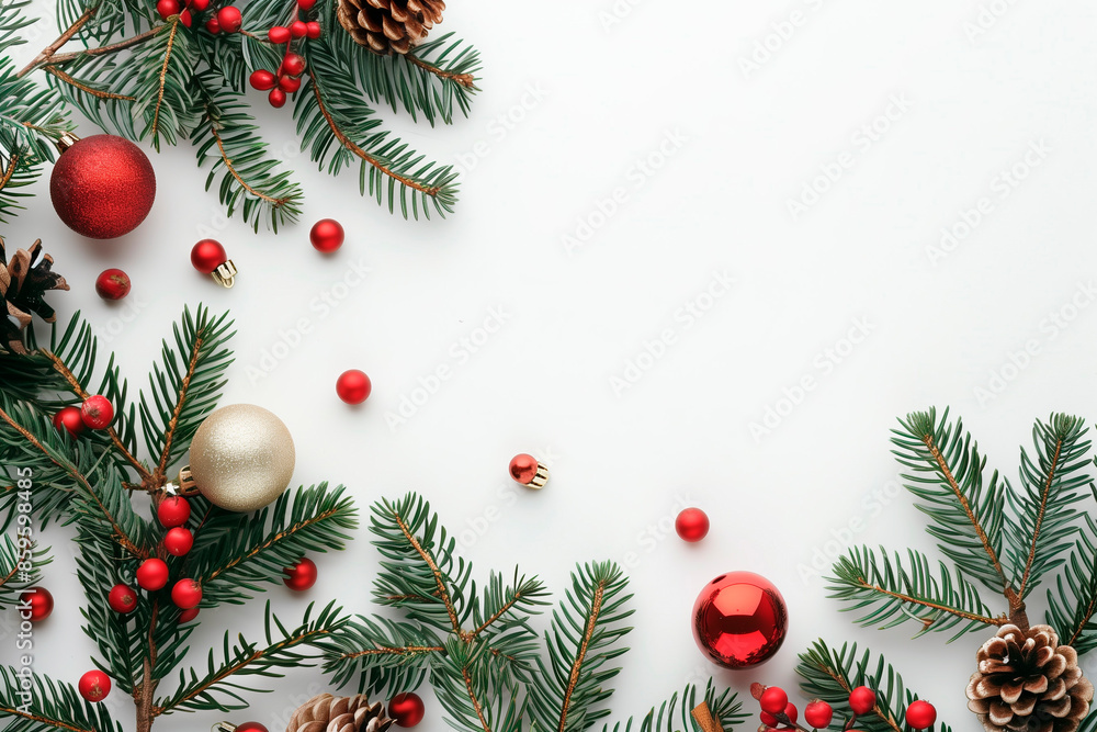Top view of Christmas decorations and fir branches on white background, ideal for festive designs. Top view of Christmas decorations and fir branches on white background, ideal for festive designs.