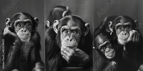 A group of monkeys sit together in a row, looking at the camera with curious eyes photo