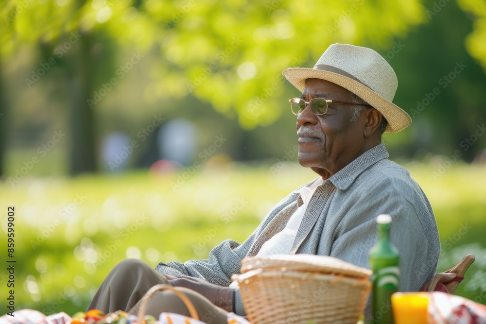 Elderly man enjoying a picnic in a park Elderly man enjoying a picnic in a park