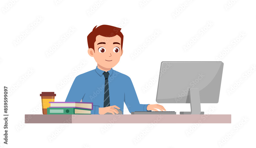 happy man employee sit in desk working on office with computer happy man employee sit in desk working on office with computer